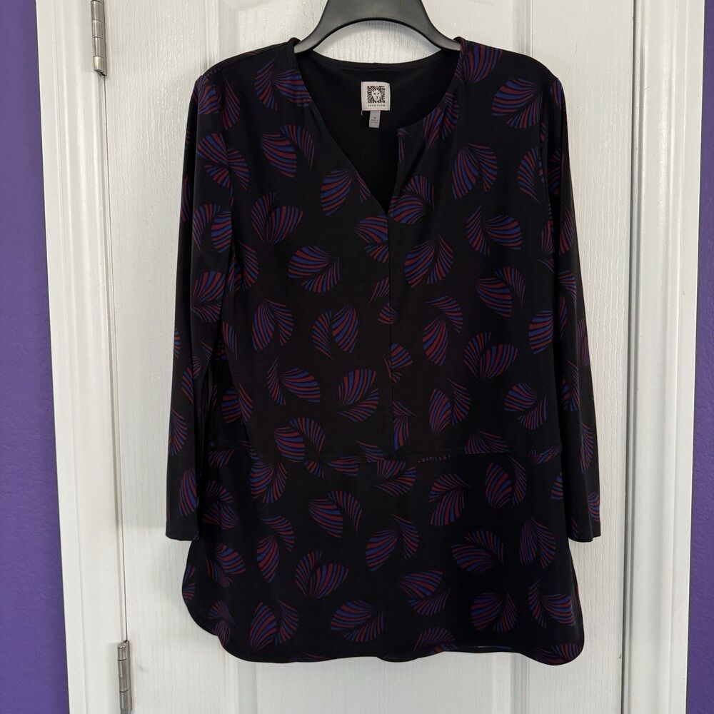 Anne Klein Leaves Fan Pattern Pullover Tunic Black Blouse Top Size Medium